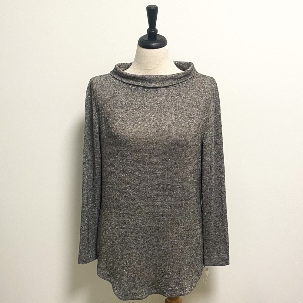 Talbots Black Metallic Gold Knit Thin Wide Turtleneck Sweater Tunic NWT Medium